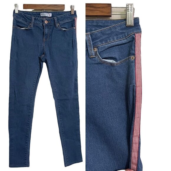 No Boundaries Womens Juniors Dark Stretch Red Plaid Side Stripe Skinny Jeans 7 - Picture 1 of 9